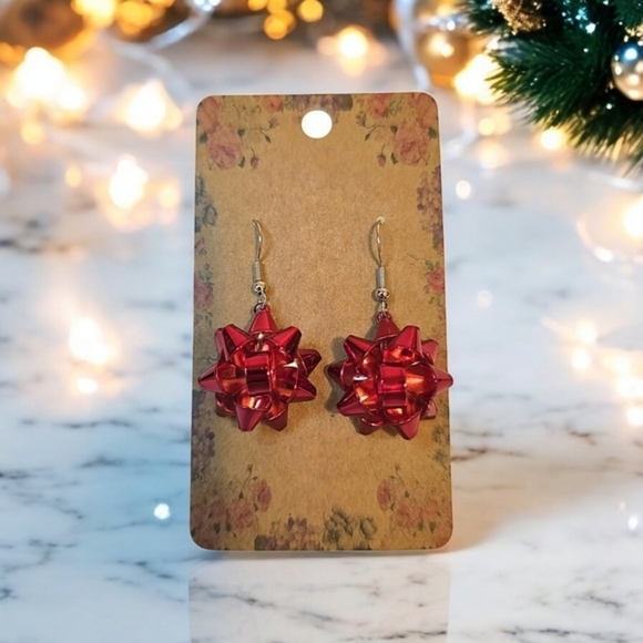 NEW Women's Christmas Holiday Red Bow Drop Hook Earrings‎ - Picture 3 of 3